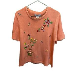 Haband 90's Vintage Short Sleeve Peach Floral Embroidered Sweater Size Large